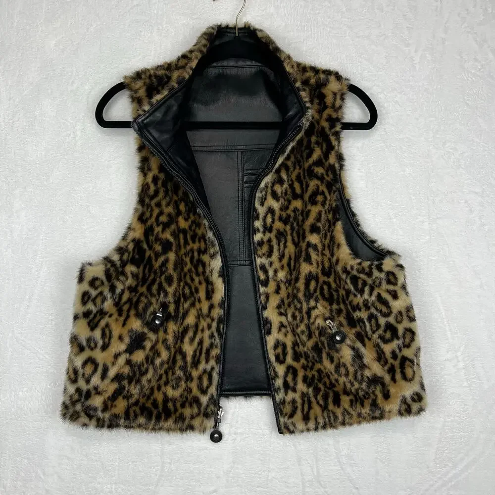 Jamie Sadock Black Leather and Leopard Faux Fur Reversible Zip up Vest Medium - Picture 4 of 16